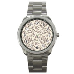 White And Brown Floral Wallpaper Flowers Background Pattern Sport Metal Watch by Pakjumat