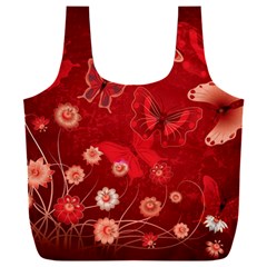 Four Red Butterflies With Flower Illustration Butterfly Flowers Full Print Recycle Bag (xxl) by Pakjumat