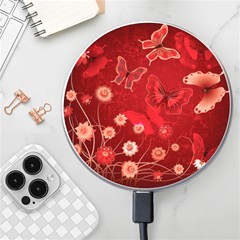 Four Red Butterflies With Flower Illustration Butterfly Flowers Wireless Fast Charger(white) by Pakjumat