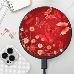 Four Red Butterflies With Flower Illustration Butterfly Flowers Wireless Fast Charger(black) by Pakjumat