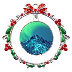 Aurora Borealis Sky Winter Snow Mountains Night Metal X mas Wreath Ribbon Ornament by Pakjumat