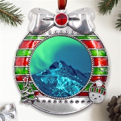 Aurora Borealis Sky Winter Snow Mountains Night Metal X mas Ribbon With Red Crystal Round Ornament by Pakjumat