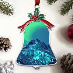 Aurora Borealis Sky Winter Snow Mountains Night Metal Holly Leaf Bell Ornament by Pakjumat