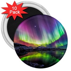 Aurora Borealis Polar Northern Lights Natural Phenomenon North Night Mountains 3  Magnets (10 Pack)  by Pakjumat