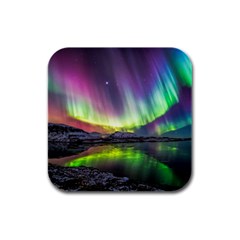 Aurora Borealis Polar Northern Lights Natural Phenomenon North Night Mountains Rubber Square Coaster (4 Pack) by Pakjumat