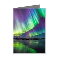 Aurora Borealis Polar Northern Lights Natural Phenomenon North Night Mountains Mini Greeting Card by Pakjumat