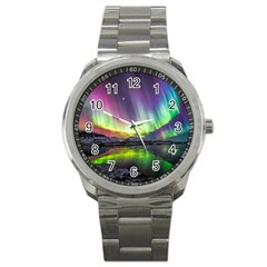 Aurora Borealis Polar Northern Lights Natural Phenomenon North Night Mountains Sport Metal Watch by Pakjumat