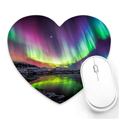 Aurora Borealis Polar Northern Lights Natural Phenomenon North Night Mountains Heart Mousepad by Pakjumat