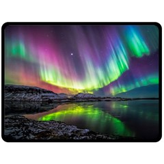 Aurora Borealis Polar Northern Lights Natural Phenomenon North Night Mountains Fleece Blanket (large) by Pakjumat