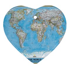 Blue White And Green World Map National Geographic Heart Ornament (two Sides) by Pakjumat