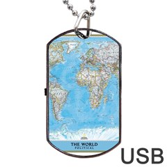 Blue White And Green World Map National Geographic Dog Tag Usb Flash (one Side) by Pakjumat