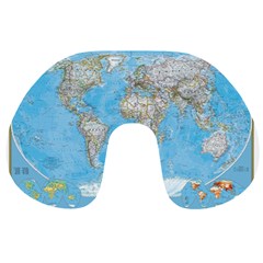 Blue White And Green World Map National Geographic Travel Neck Pillow by Pakjumat