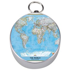 Blue White And Green World Map National Geographic Silver Compasses by Pakjumat