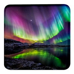 Aurora Borealis Polar Northern Lights Natural Phenomenon North Night Mountains Square Glass Fridge Magnet (4 Pack) by Pakjumat