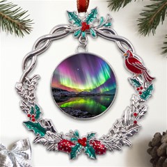 Aurora Borealis Polar Northern Lights Natural Phenomenon North Night Mountains Metal X mas Wreath Holly Leaf Ornament by Pakjumat