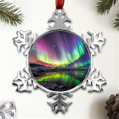 Aurora Borealis Polar Northern Lights Natural Phenomenon North Night Mountains Metal Small Snowflake Ornament by Pakjumat