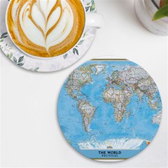 Blue White And Green World Map National Geographic Uv Print Round Tile Coaster by Pakjumat