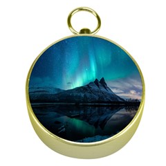 Aurora Borealis Mountain Reflection Gold Compasses