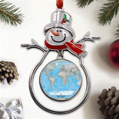 Blue White And Green World Map National Geographic Metal Snowman Ornament by Pakjumat