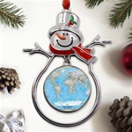 Blue White And Green World Map National Geographic Metal Snowman Ornament Front