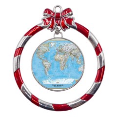 Blue White And Green World Map National Geographic Metal Red Ribbon Round Ornament by Pakjumat