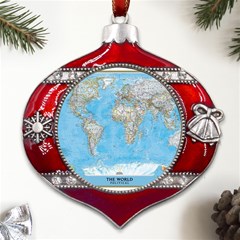 Blue White And Green World Map National Geographic Metal Snowflake And Bell Red Ornament by Pakjumat