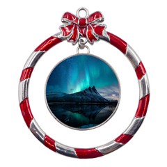 Aurora Borealis Mountain Reflection Metal Red Ribbon Round Ornament