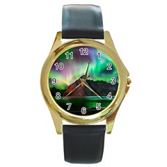 Aurora Borealis Nature Sky Light Round Gold Metal Watch by Pakjumat