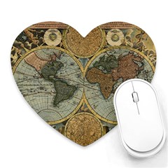 Vintage World Map Travel Geography Heart Mousepad by Pakjumat