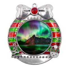 Aurora Borealis Nature Sky Light Metal X mas Ribbon With Red Crystal Round Ornament by Pakjumat