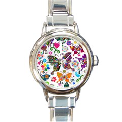 Butterflies Abstract Colorful Floral Flowers Vector Round Italian Charm Watch by Pakjumat