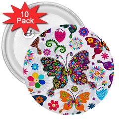 Butterflies Abstract Colorful Floral Flowers Vector 3  Buttons (10 Pack)  by Pakjumat