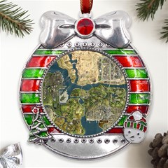 Map Illustration Gta Metal X mas Ribbon With Red Crystal Round Ornament by Pakjumat