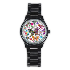 Butterflies Abstract Colorful Floral Flowers Vector Stainless Steel Round Watch by Pakjumat