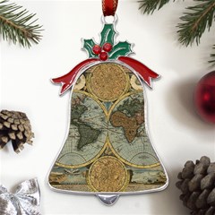 Vintage World Map Travel Geography Metal Holly Leaf Bell Ornament by Pakjumat