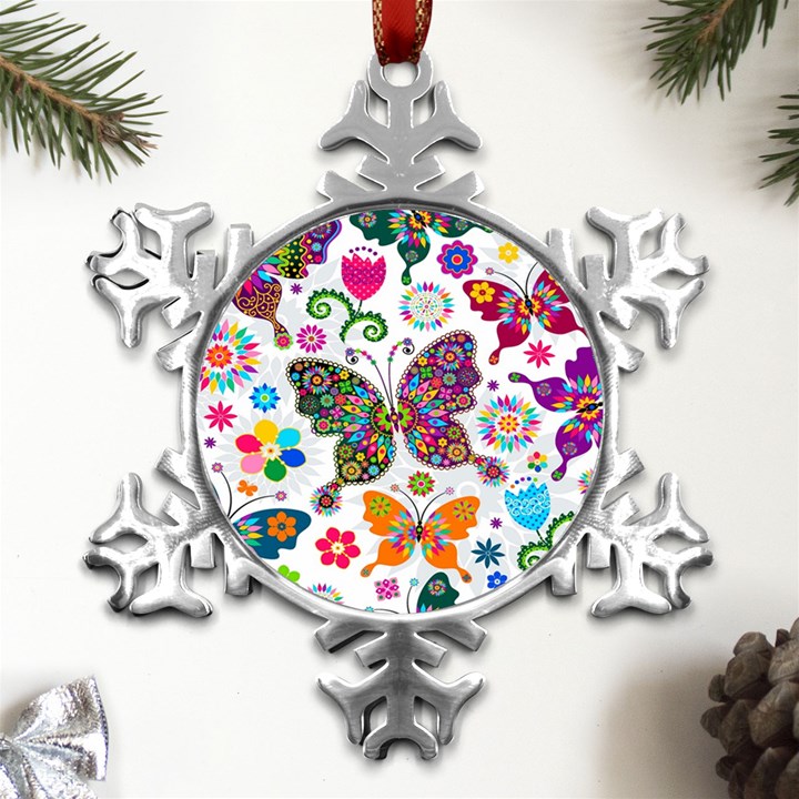 Butterflies Abstract Colorful Floral Flowers Vector Metal Small Snowflake Ornament