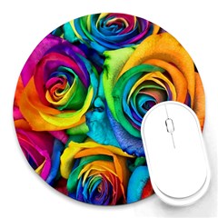 Colorful Roses Bouquet Rainbow Round Mousepad by Pakjumat