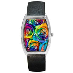 Colorful Roses Bouquet Rainbow Barrel Style Metal Watch by Pakjumat