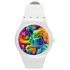 Colorful Roses Bouquet Rainbow Round Plastic Sport Watch (m) by Pakjumat