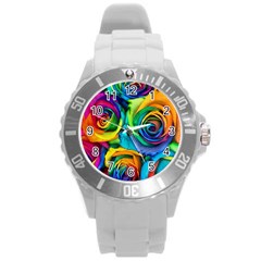 Colorful Roses Bouquet Rainbow Round Plastic Sport Watch (l) by Pakjumat