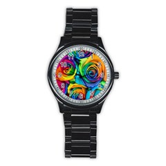 Colorful Roses Bouquet Rainbow Stainless Steel Round Watch by Pakjumat