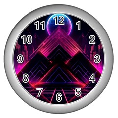 Synthwave City Retrowave Wave Wall Clock (silver)