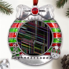 False Prismatic Black Background Metal X mas Ribbon With Red Crystal Round Ornament by Pakjumat