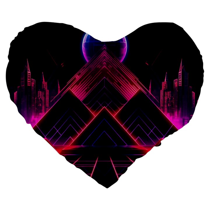 Synthwave City Retrowave Wave Large 19  Premium Heart Shape Cushions