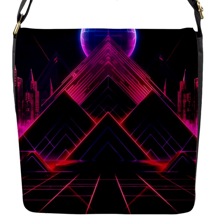 Synthwave City Retrowave Wave Flap Closure Messenger Bag (S)