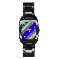 Color Lines Slanting Green Blue Stainless Steel Barrel Watch by Pakjumat