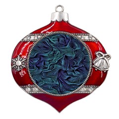 Abstract Blue Wave Texture Patten Metal Snowflake And Bell Red Ornament by Pakjumat