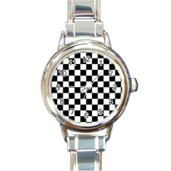 Black White Checker Pattern Checkerboard Round Italian Charm Watch by Pakjumat