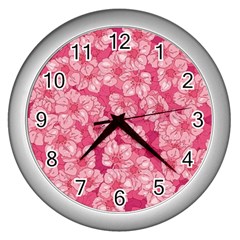 Cute Pink Sakura Flower Pattern Wall Clock (silver) by Pakjumat