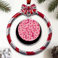 Cute Pink Sakura Flower Pattern Metal Red Ribbon Round Ornament by Pakjumat